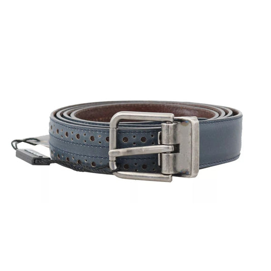 Dolce & Gabbana Blue Perforated Leather Gray Buckle Belt BEL50058-90
