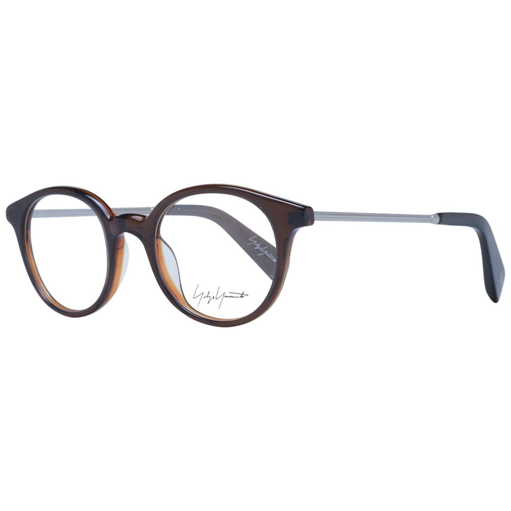 Yohji Yamamoto Brown Unisex Glasses Frame, full-rim acetate with demo lenses, round style, includes branded soft case.