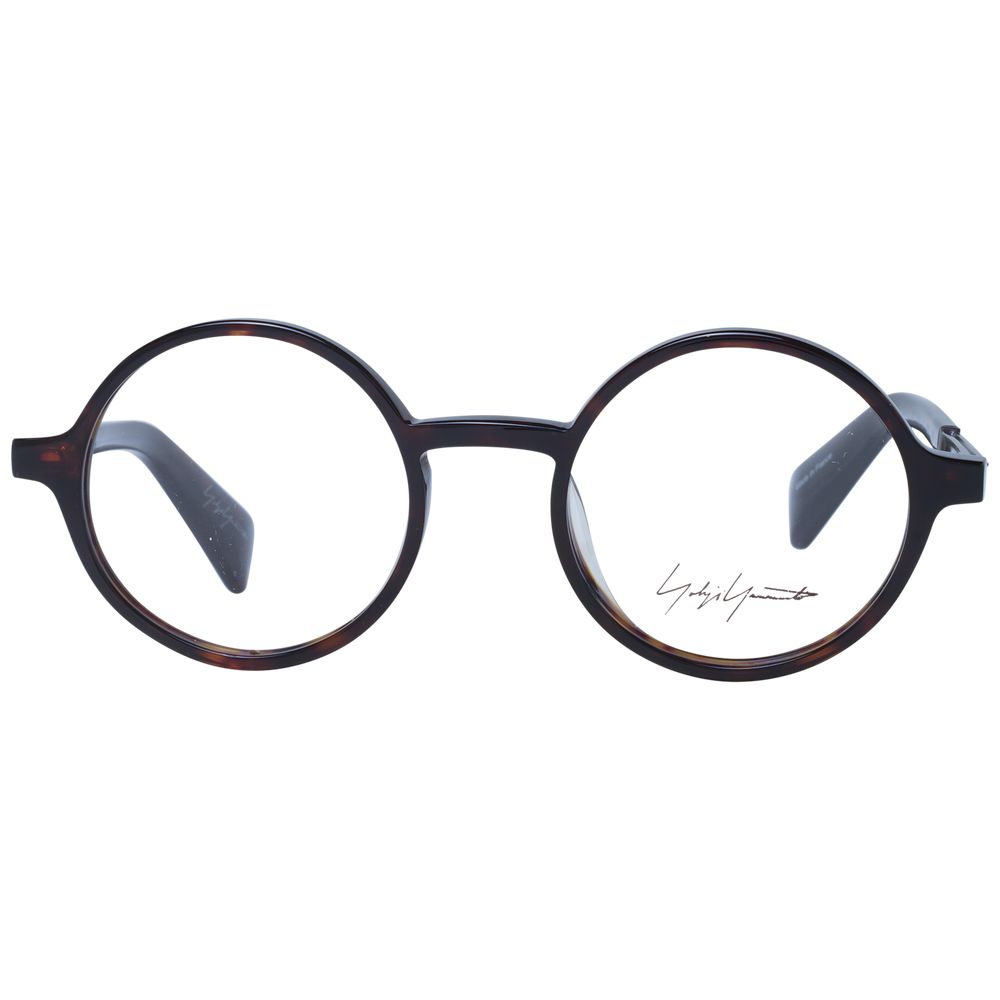 Yohji Yamamoto Brown Unisex Glasses Frame, full-rim acetate panto style with demo lenses 47-20-140, includes branded soft case.