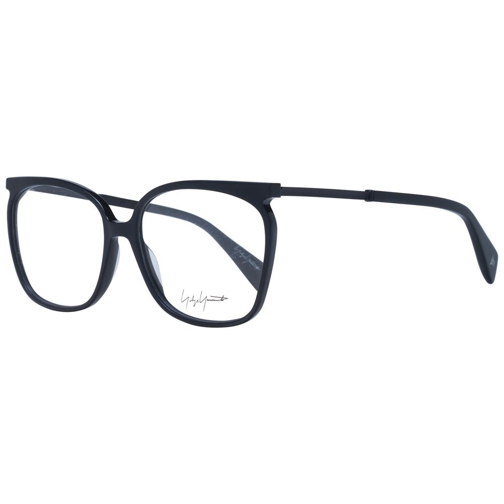 Yohji Yamamoto Black Unisex Glasses Frame in full-rim acetate with square design, featuring demo lenses and branded soft case included.