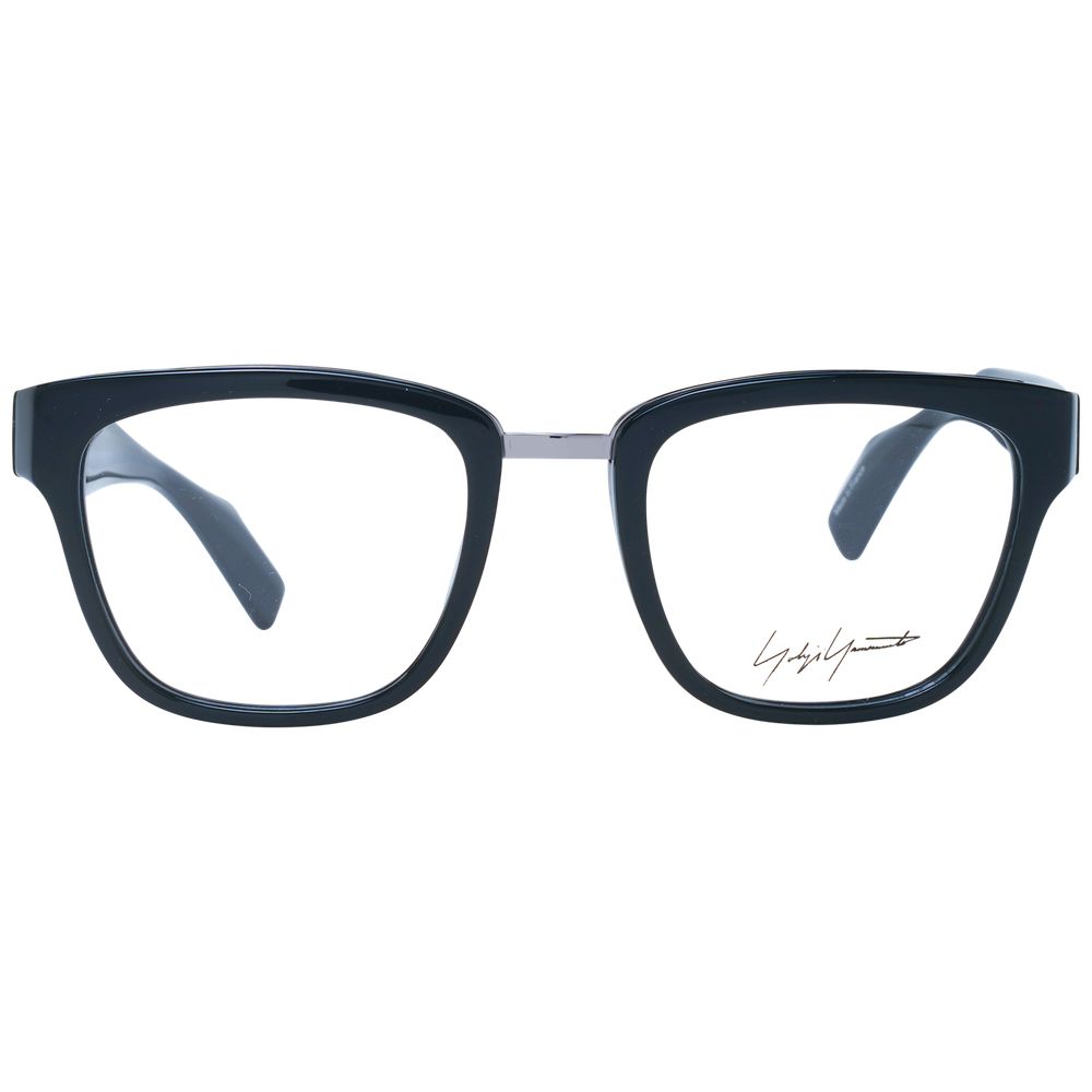 Yohji Yamamoto Black Unisex Glasses Frame in acetate, full-rim, square style with demo lenses. Includes branded soft case.