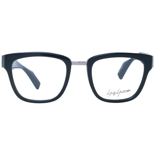 Yohji Yamamoto Black Unisex Glasses Frame in acetate, full-rim, square style with demo lenses. Includes branded soft case.