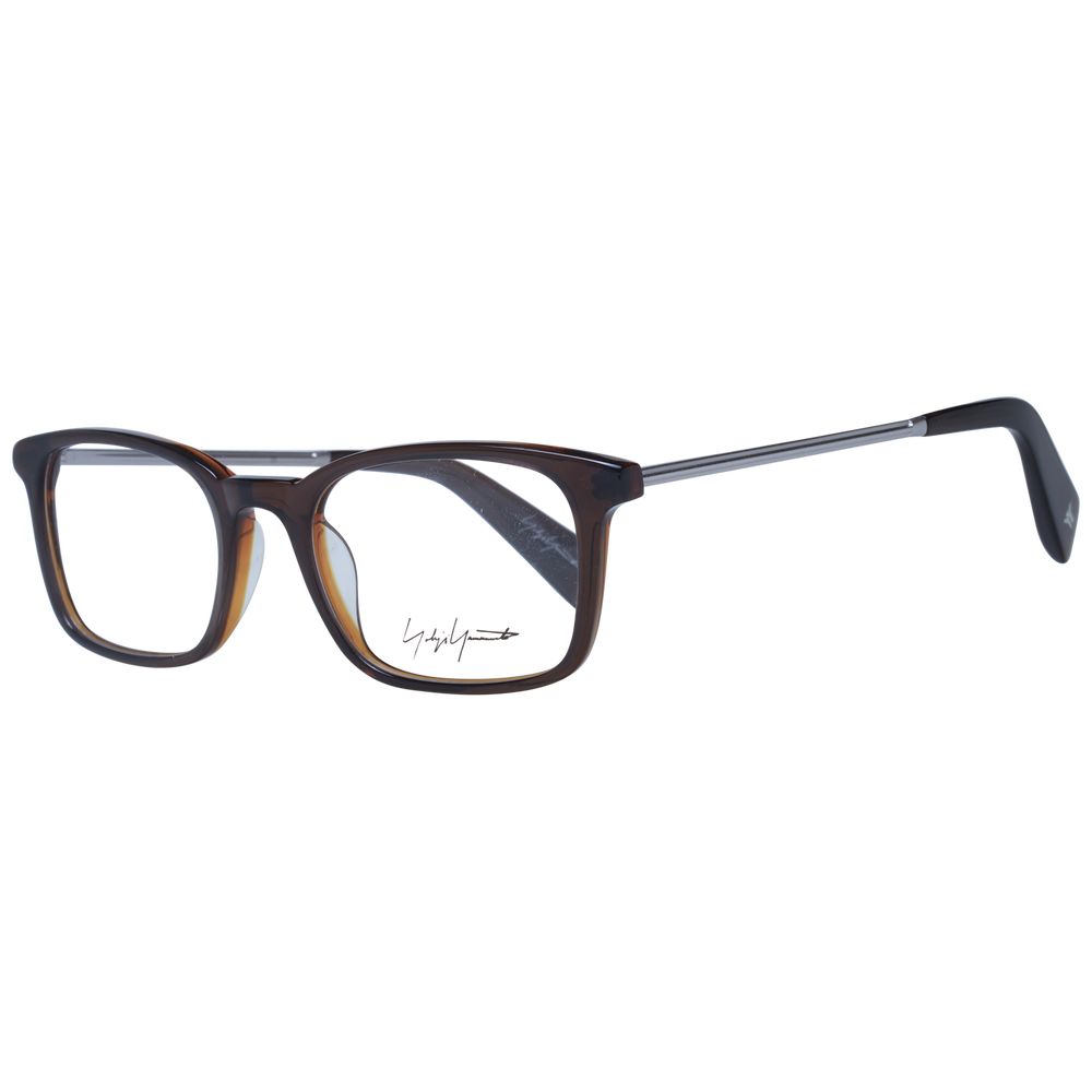 Yohji Yamamoto Brown Unisex Glasses Frame with full-rim acetate and rectangle style. Includes demo lenses and branded soft case.