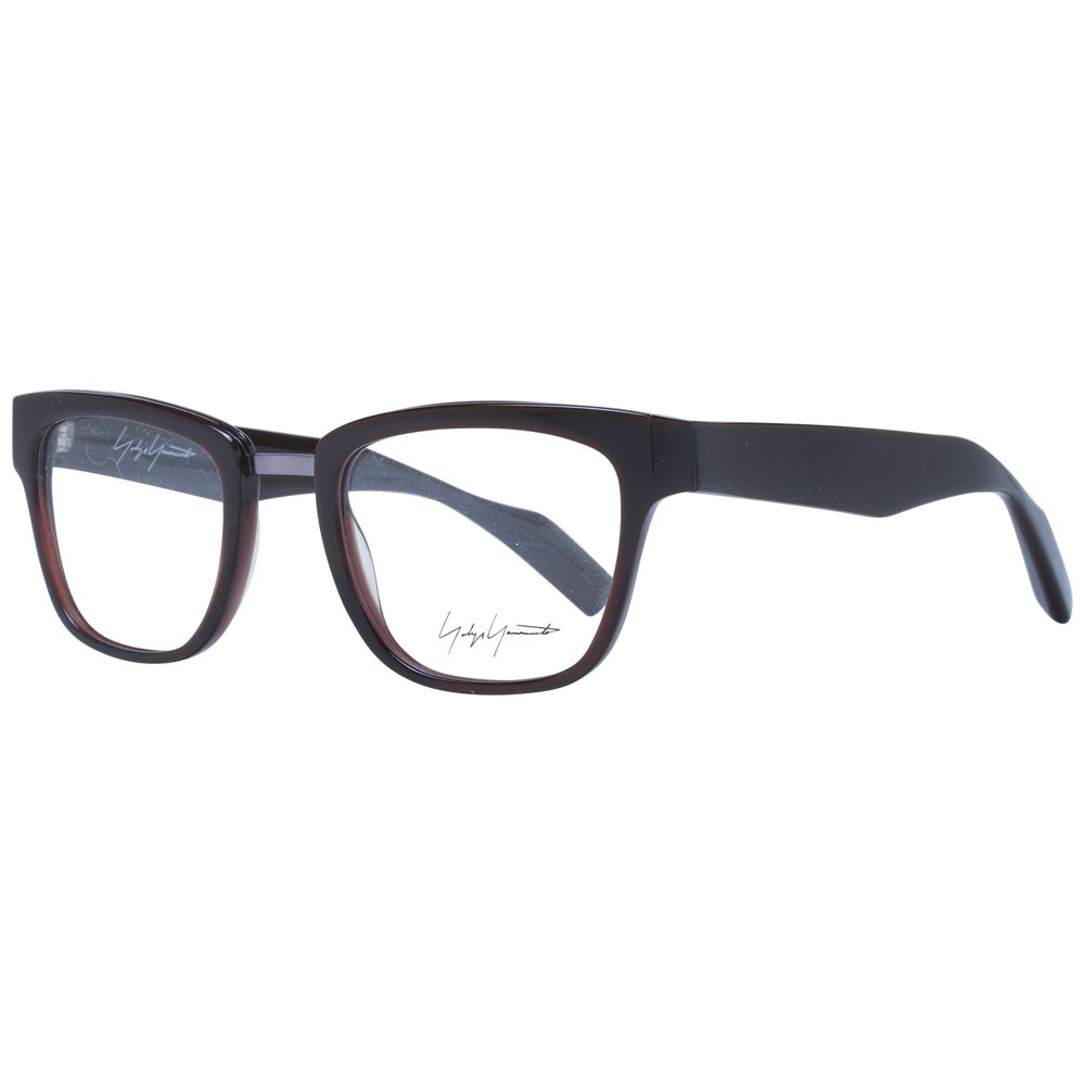 Yohji Yamamoto Brown Unisex Glasses Frame, square full-rim acetate design with demo lenses, size 50-21-145, includes branded soft case.