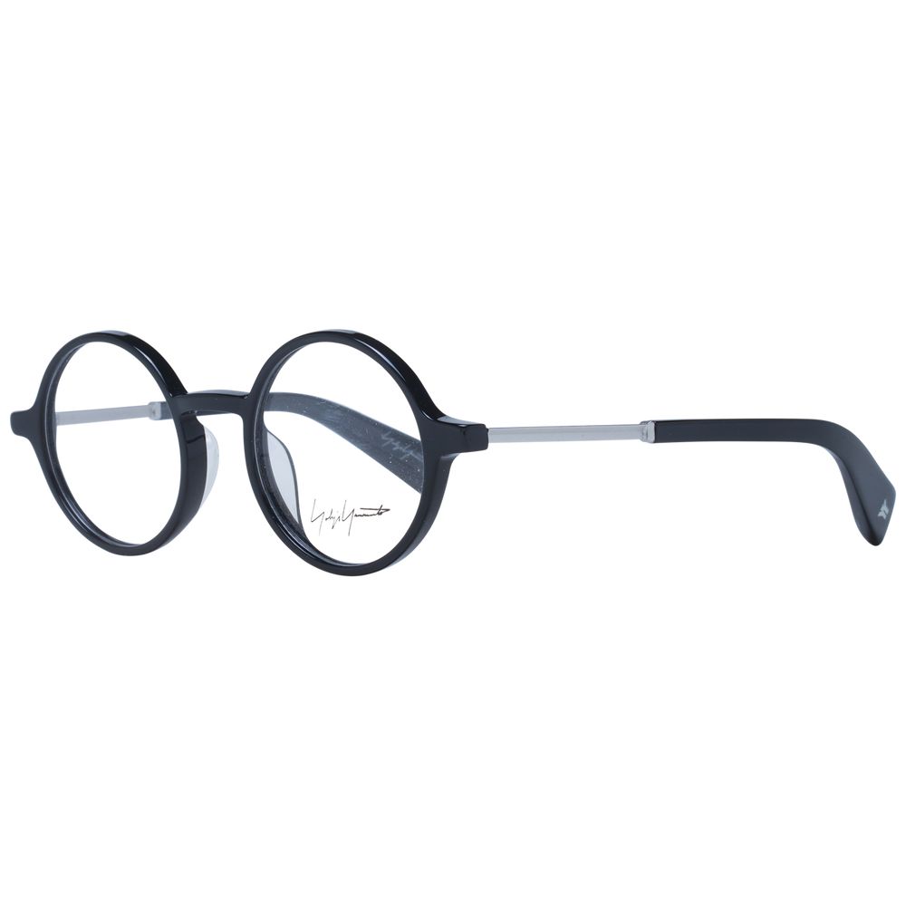 Yohji Yamamoto Black Unisex Glasses Frame, acetate full-rim design, panto style, demo lenses, size 47-20-140, branded soft case included.