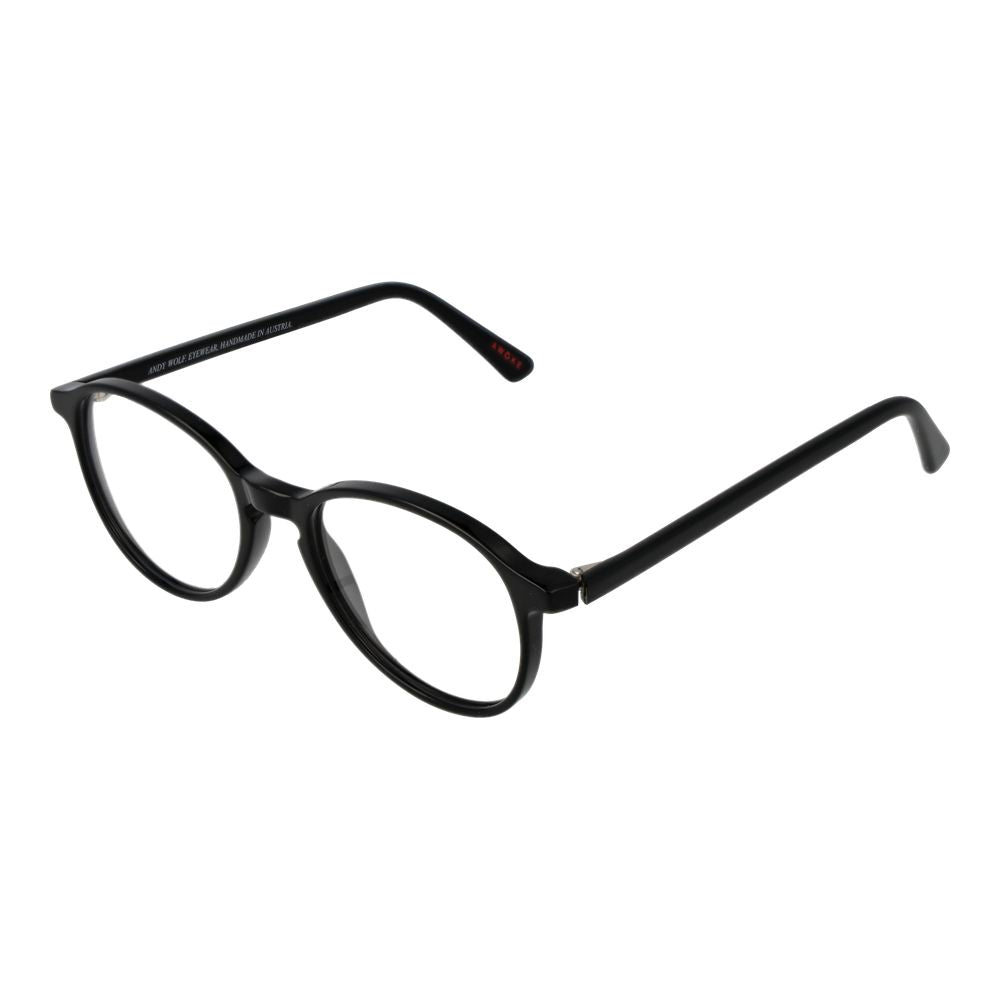 Andy Wolf Black Unisex Glasses Frame in acetate, full-rim style with 52-18-145 dimensions, featuring demo lenses.
