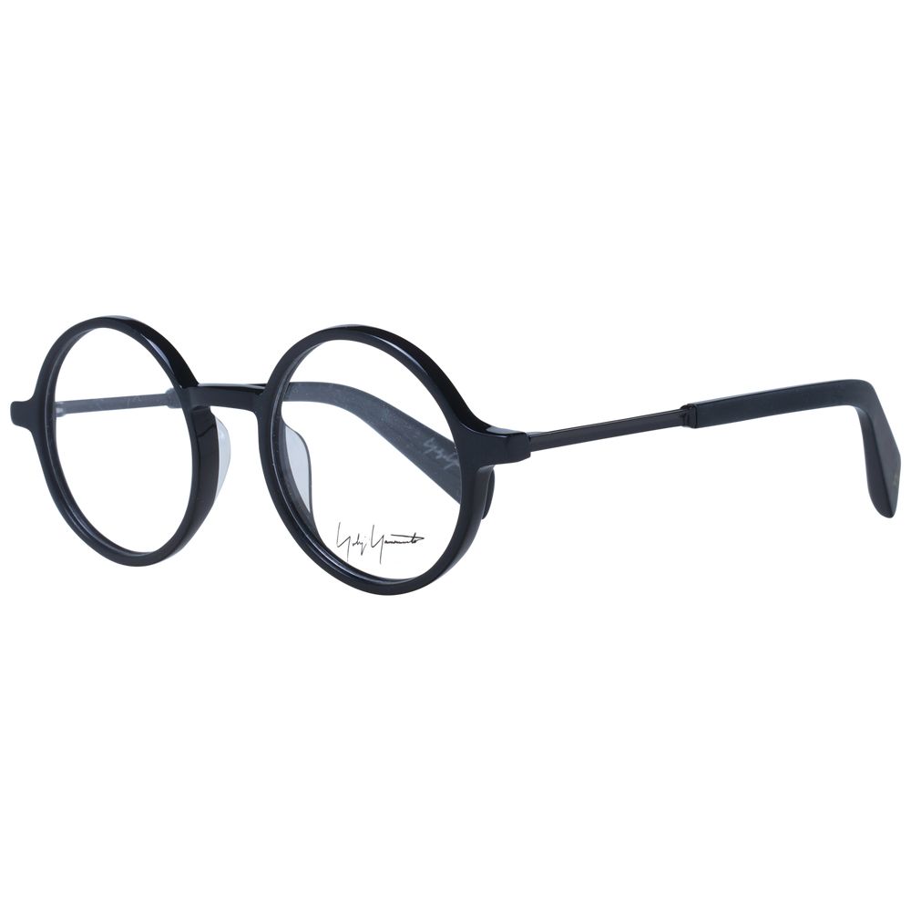 Yohji Yamamoto Black Unisex Glasses Frame, full-rim acetate, panto style with demo lenses, size 47-20-140, includes branded soft case.