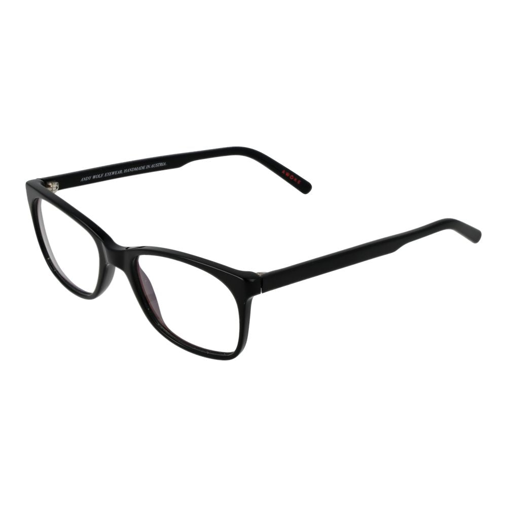 Andy Wolf Black Unisex Glasses Frame in full-rim acetate with plastic lenses, size 51-17-145, featuring rectangle style and demo glasses.