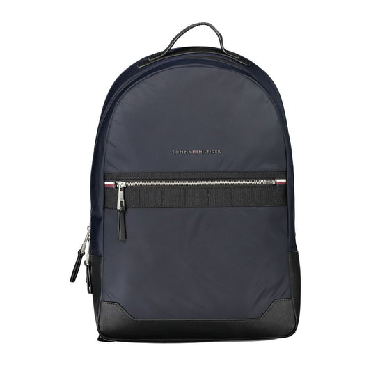 Tommy Hilfiger Blue Polyester Backpack with handle, adjustable straps, external pocket, internal laptop compartment, and zip closure.