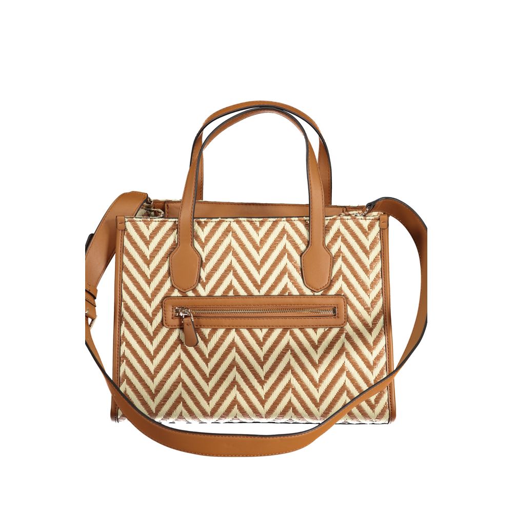 Guess Jeans Brown Cotton Handbag with zigzag pattern, adjustable strap, and external pocket.