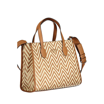 Guess Jeans Brown Cotton Handbag with two handles, adjustable strap, and chevron pattern, featuring multiple compartments and logo.