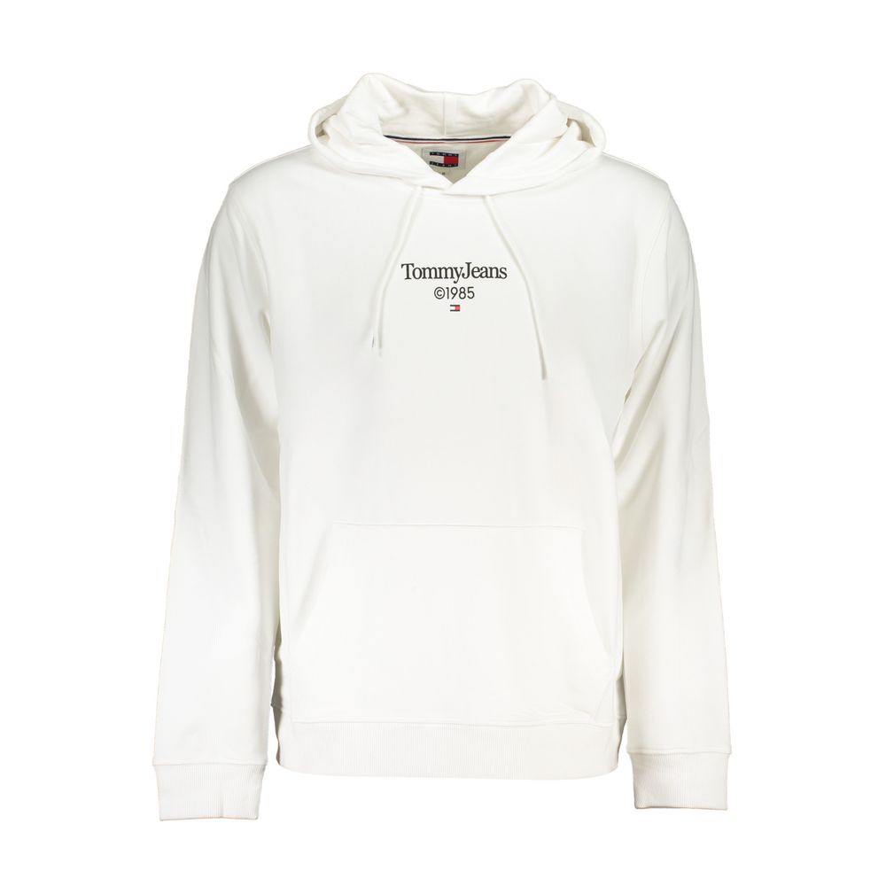 Tommy Hilfiger White Cotton Men Sweater with logo, hood, and central pocket for a casual yet elevated everyday look.