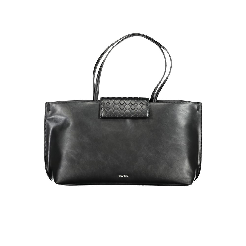 Calvin Klein Black Polyester Handbag with two shoulder handles, internal pocket, contrast details, and magnet closure.