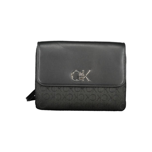 Calvin Klein Black Polyester Handbag with chain handle, adjustable shoulder strap, turn closure, and logo accents.