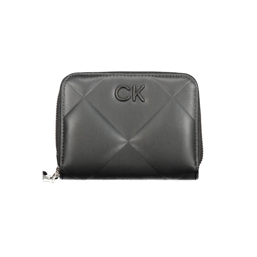 Calvin Klein Black Polyester Wallet with zip closure, RFID blocking, card spaces, logo, and 50% recycled material design.