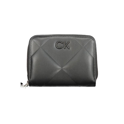 Calvin Klein Black Polyester Wallet with zip closure, RFID blocking, card spaces, logo, and 50% recycled material design.