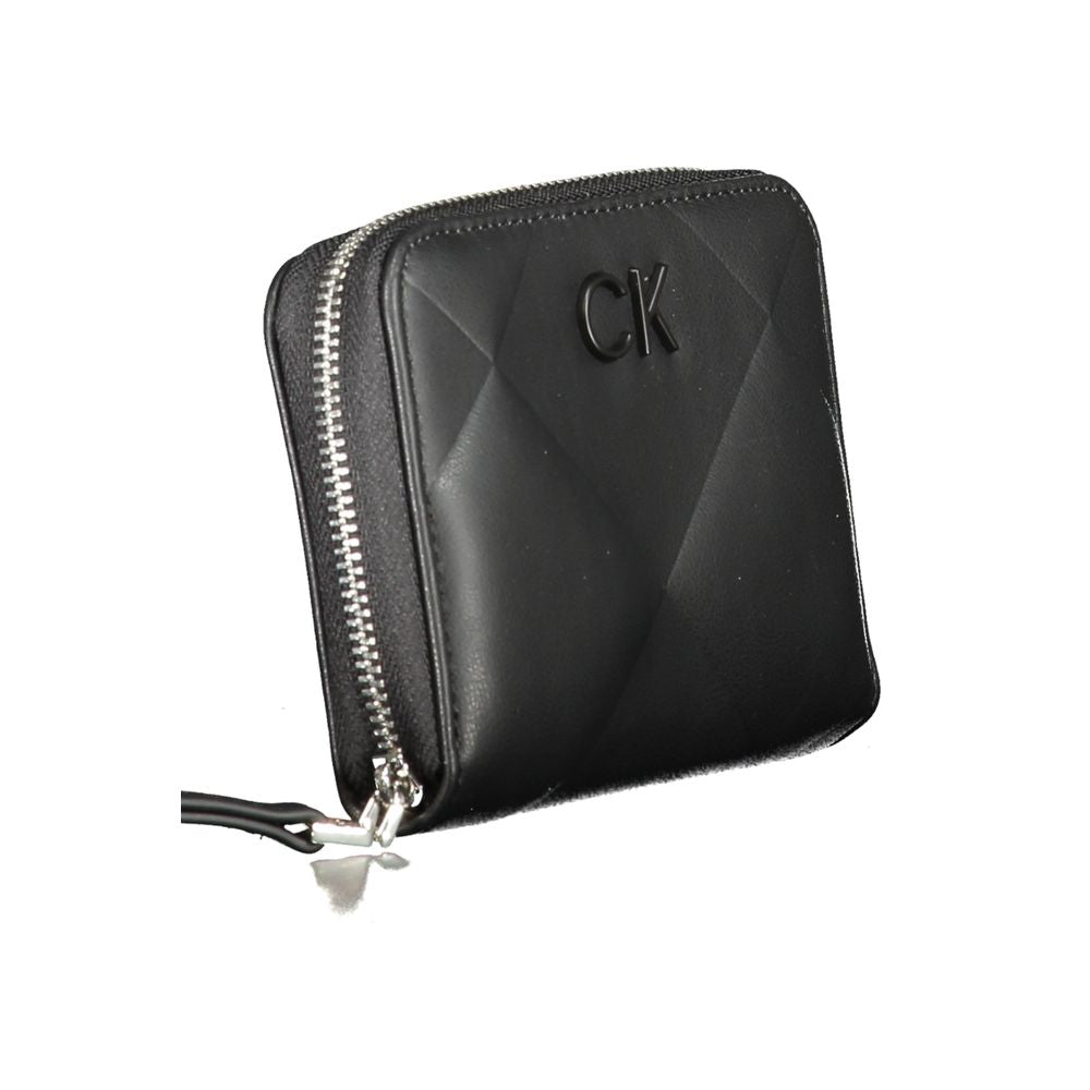 Calvin Klein Black Polyester Wallet with RFID blocking, zip closure, contrasting details, recycled material, and logo accents.