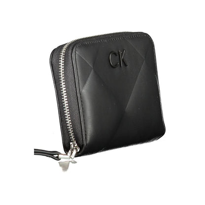 Calvin Klein Black Polyester Wallet with RFID blocking, zip closure, contrasting details, recycled material, and logo accents.