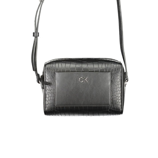 Calvin Klein Black Polyester Handbag with adjustable strap, external pocket, card pocket, zip closure, and logo accents.
