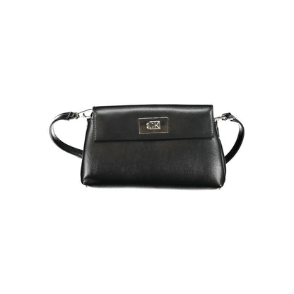 Calvin Klein Black Polyester Handbag with adjustable strap and snap closure, featuring logo and internal pocket, made from recycled material.