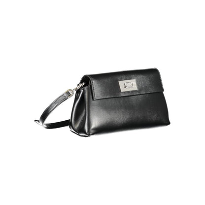 Calvin Klein Black Polyester Handbag with adjustable removable strap, internal pocket, snap closure, and logo detailing.
