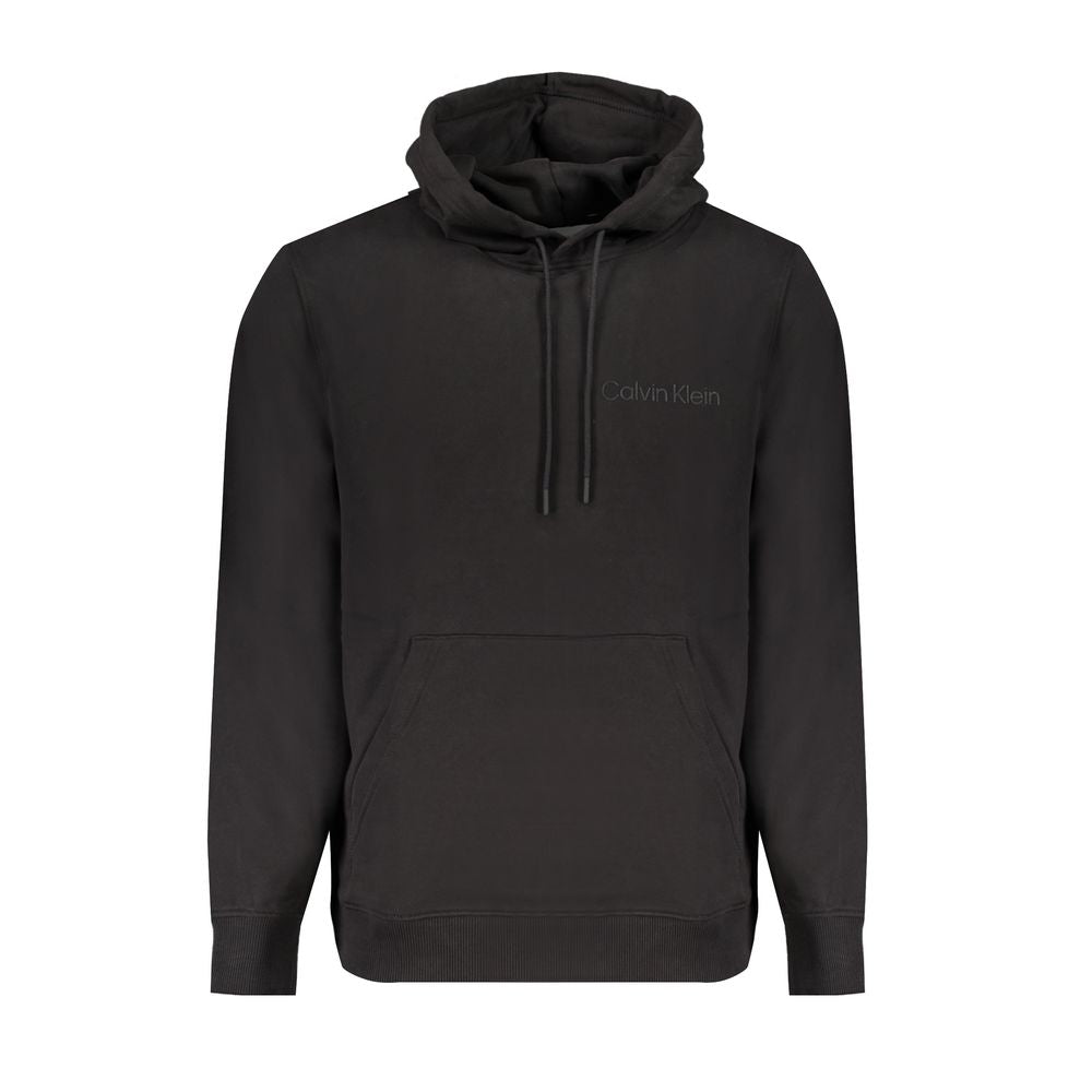 Calvin Klein Black Cotton Men Sweater with hood, soft brushed finish, iconic logo, eco-friendly material, and a central pocket.