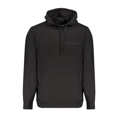 Calvin Klein Black Cotton Men Sweater with hood, soft brushed finish, iconic logo, eco-friendly material, and a central pocket.