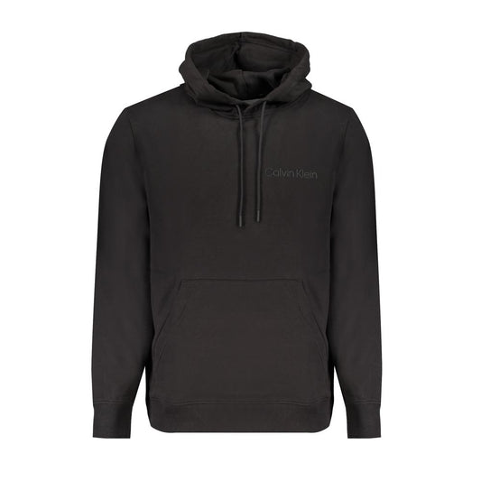 Calvin Klein Black Cotton Men Sweater with hood, soft brushed finish, iconic logo, eco-friendly material, and a central pocket.