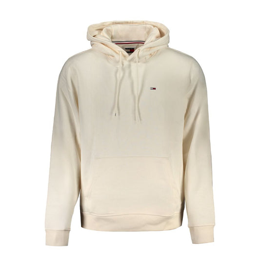 Tommy Hilfiger White Cotton Men Sweater with hood and pocket, featuring fleece lining and signature applique, crafted from regenerative cotton.