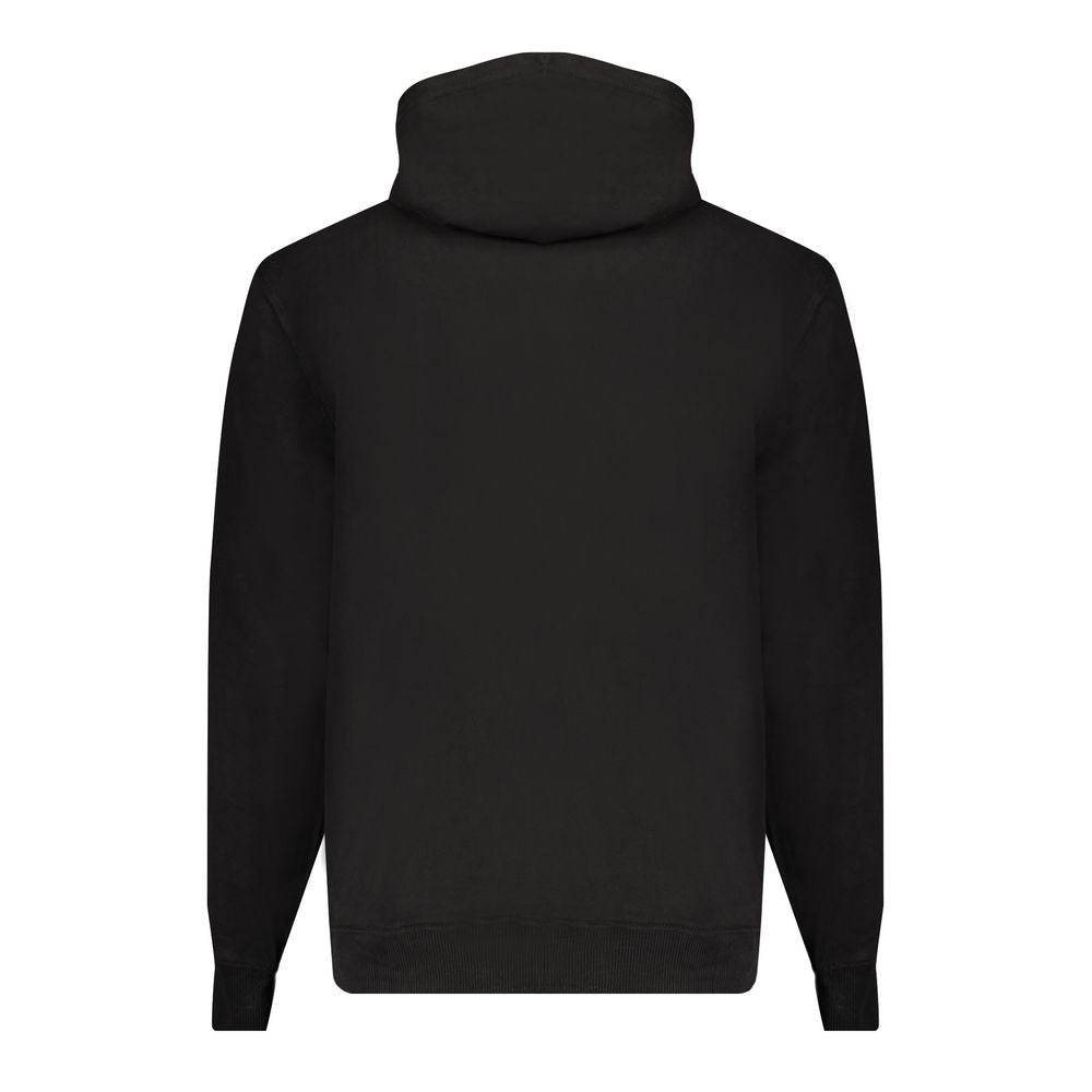 Back view of Calvin Klein Black Cotton Men Sweater with hood, showcasing sleek design and eco-friendly materials.