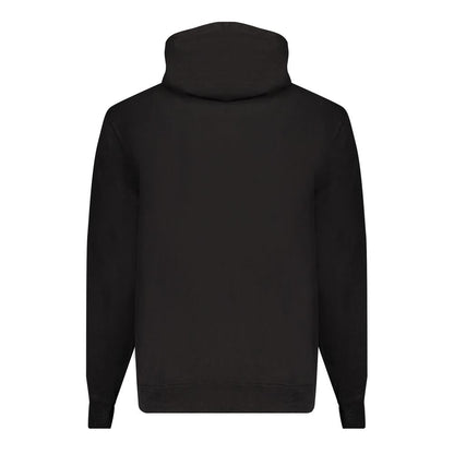 Back view of Calvin Klein Black Cotton Men Sweater with hood, showcasing sleek design and eco-friendly materials.