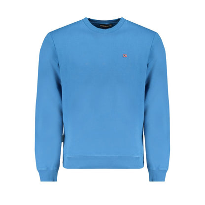Napapijri Blue Cotton Men Sweater with logo embroidery, long sleeve crew neck for casual sophistication.