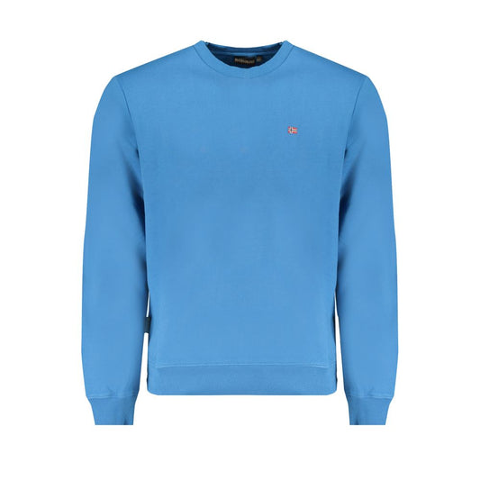 Napapijri Blue Cotton Men Sweater with logo embroidery, long sleeve crew neck for casual sophistication.