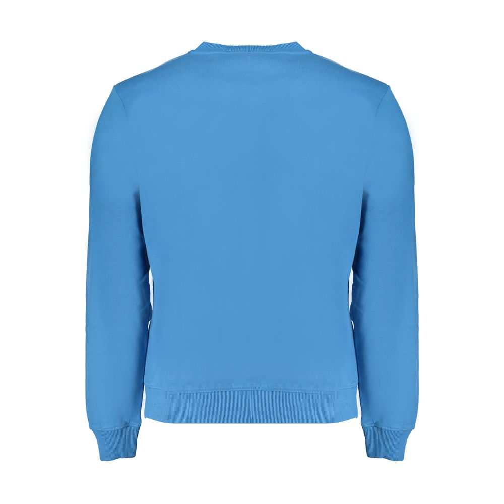 Rear view of Napapijri Blue Cotton Men Sweater with iconic logo embroidery and comfortable long sleeves.