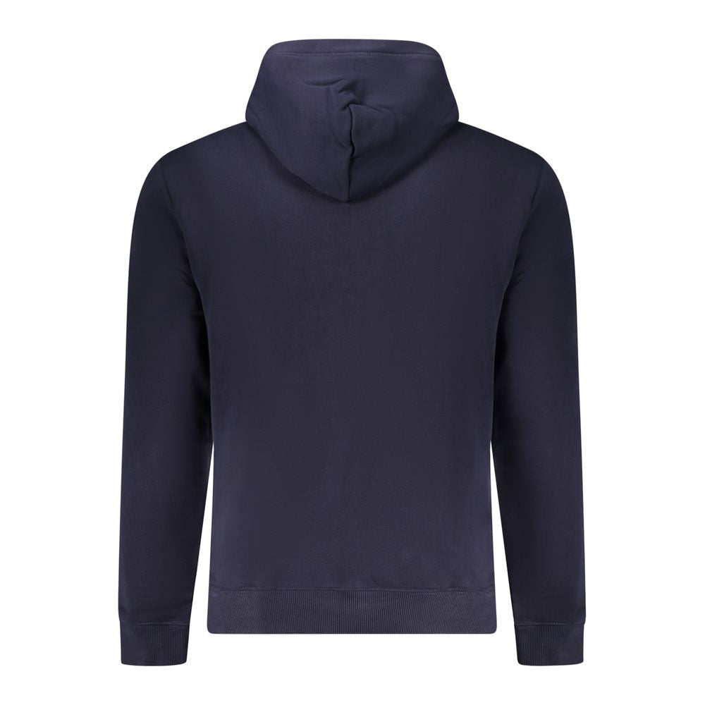 Back view of Napapijri Blue Cotton Men Sweater showing hood, long sleeves, and relaxed fit.