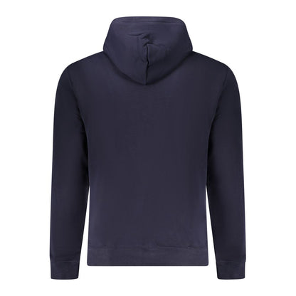 Back view of Napapijri Blue Cotton Men Sweater showing hood, long sleeves, and relaxed fit.