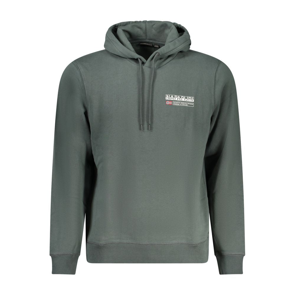 Napapijri Green Cotton Men Sweater, long sleeve hoodie in deep green with Napapijri logo and print, casual luxury clothing.