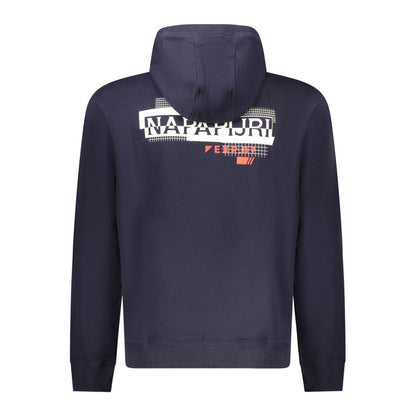 Rear view of Napapijri Blue Cotton Men Sweater featuring bold logo print and hood.