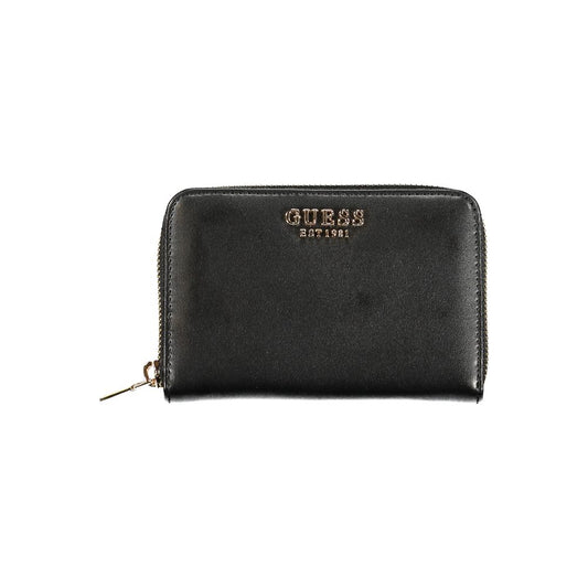 Alt Tag: Guess Jeans Black Polyethylene Wallet with zip closure, coin purse, card spaces, 3 compartments, and brand logo.