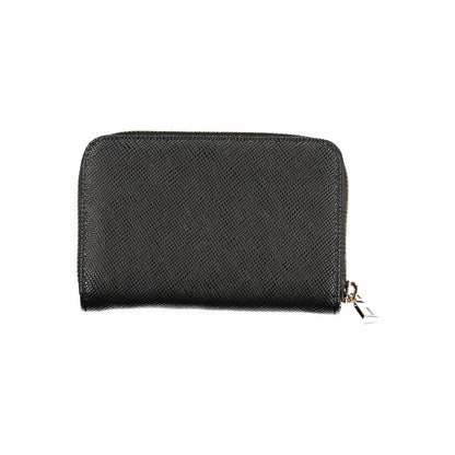 Alt Tag: Guess Jeans Black Polyethylene Wallet with zip closure, 3 compartments, contrasting details, and logo, showing front view.