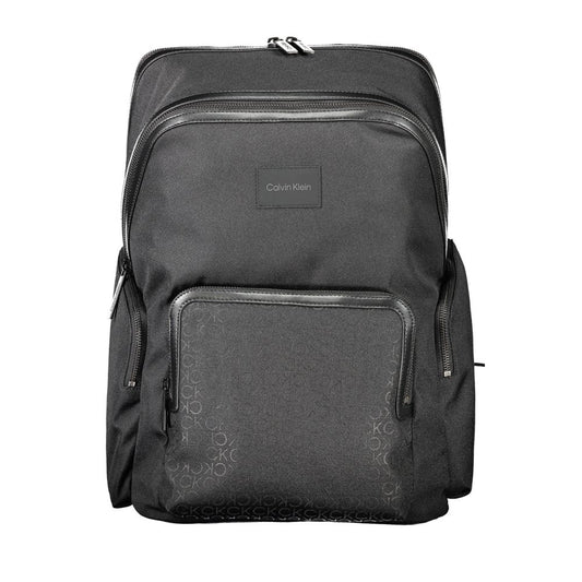 Calvin Klein Black Polyester Backpack with adjustable straps, multiple pockets, laptop compartment, and recycled material.
