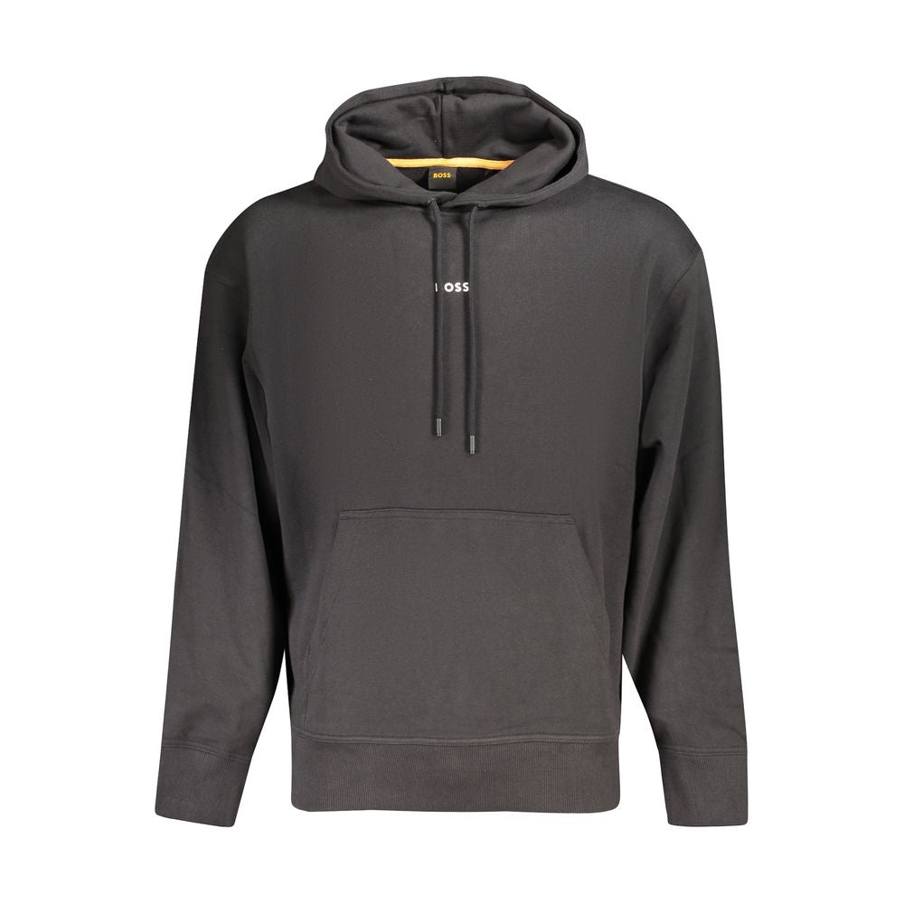 Hugo Boss Black Cotton Men Sweater, long-sleeved hooded sweatshirt with central pocket, showcasing comfort and elegant style.