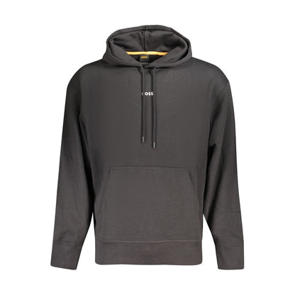 Hugo Boss Black Cotton Men Sweater, long-sleeved hooded sweatshirt with central pocket, showcasing comfort and elegant style.