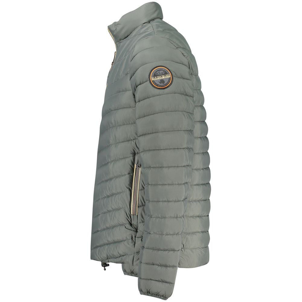 Napapijri Green Polyamide Men Jacket with logo on sleeve, featuring side pockets and quilted design for stylish outerwear.