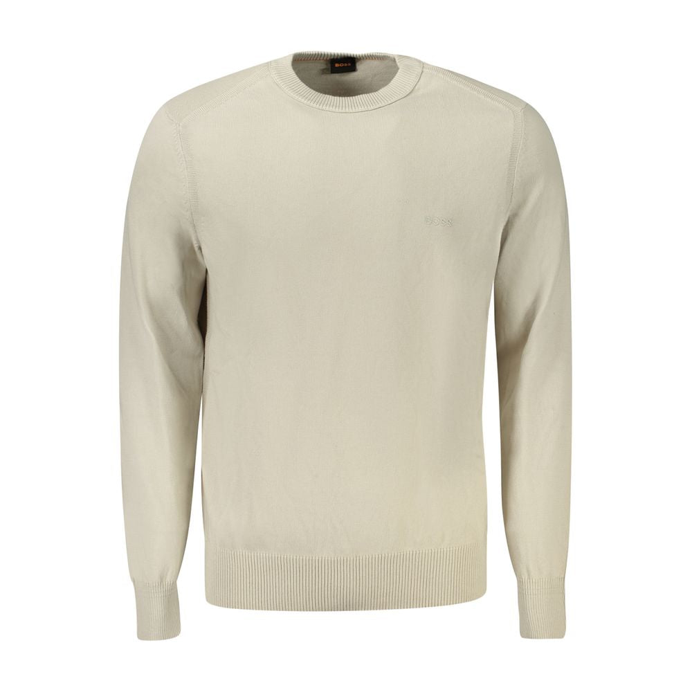 Hugo Boss Beige Cotton Sweater with long sleeves, crew neck, and subtle logo embroidery, perfect for a stylish and comfortable look.