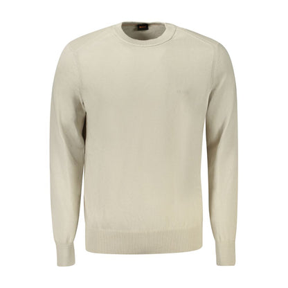 Hugo Boss Beige Cotton Sweater with long sleeves, crew neck, and subtle logo embroidery, perfect for a stylish and comfortable look.