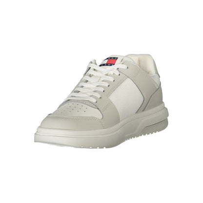 Tommy Hilfiger White Polyester Sneaker with grey details, lace-up design, removable footbed, and logo print.