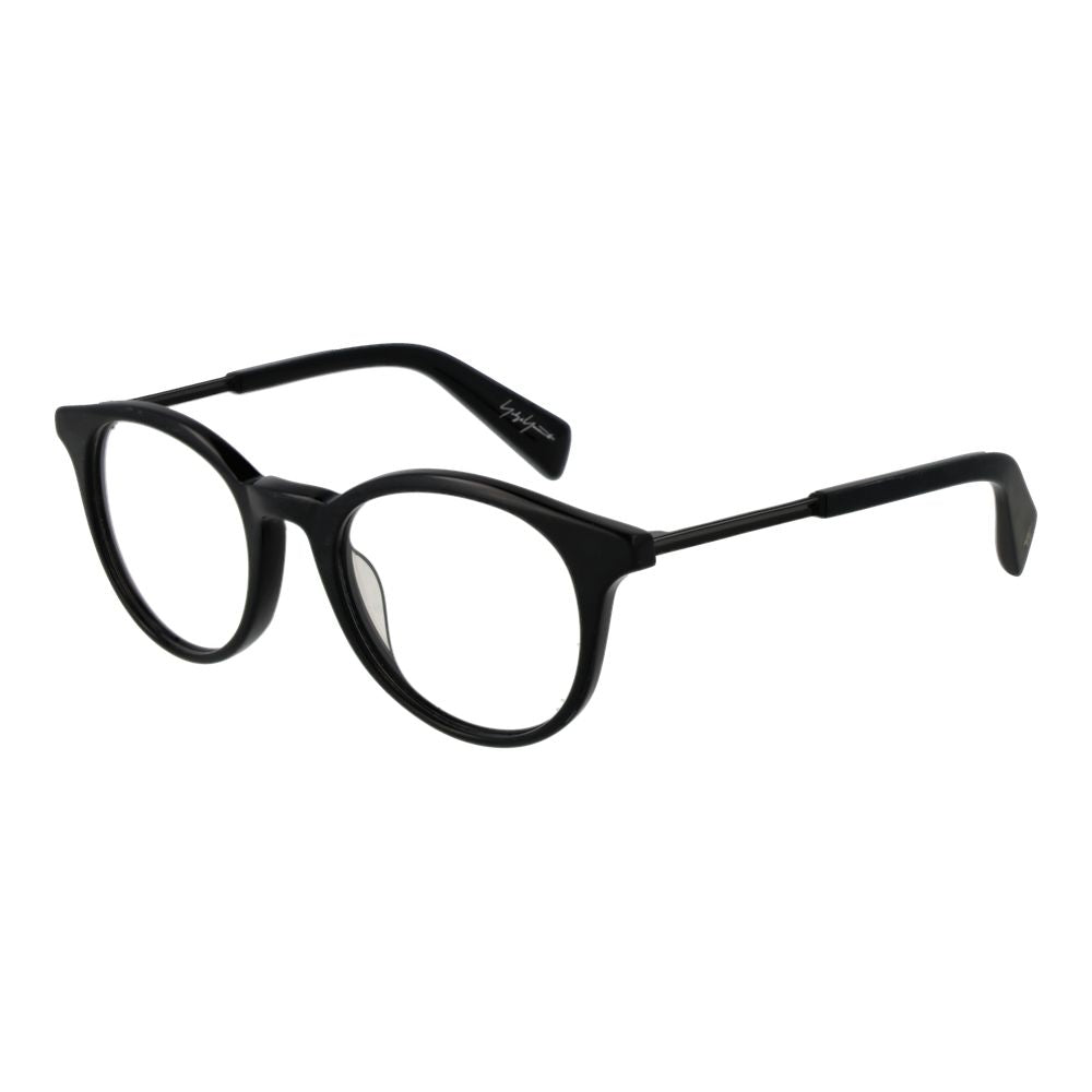 Yohji Yamamoto Black Men Glasses Frame, round full-rim design, black plastic frame and demo lenses, size 50-20-140.