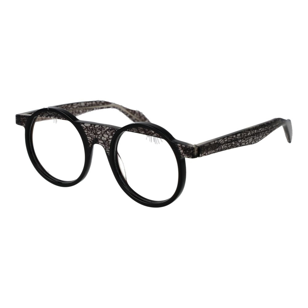 Yohji Yamamoto Black Unisex Glasses Frame, acetate full-rim round style with 49mm lenses, includes branded soft case.