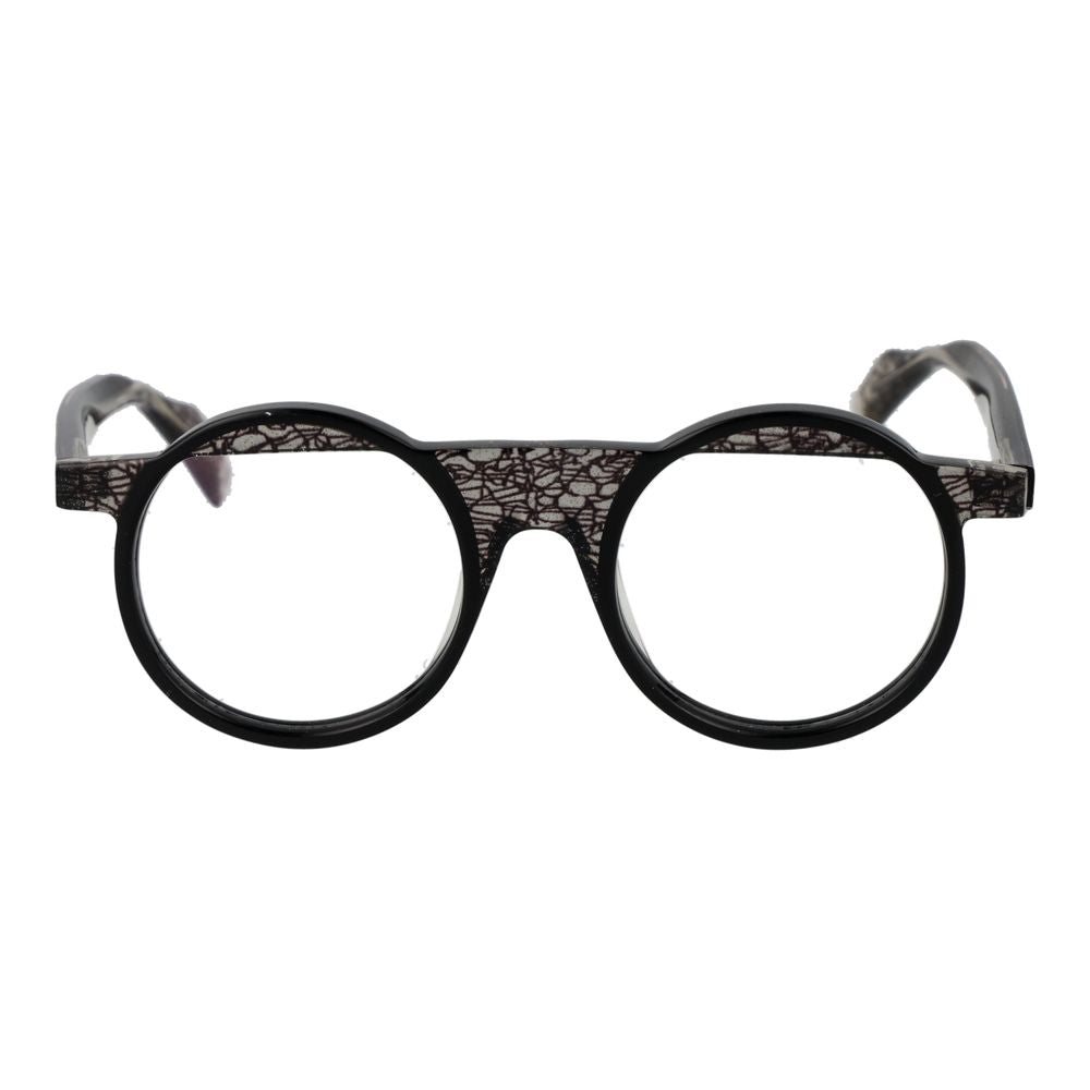 Yohji Yamamoto Black Unisex Glasses Frame, full-rim round acetate, demo lenses, 49-21-148 size with branded case.